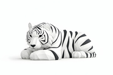 Low-poly white tiger resting on white background