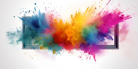 White photo frame with a colorful powder explosion inside, on a white background, D rendering, HD, no blur effect, copy space. bokeh background