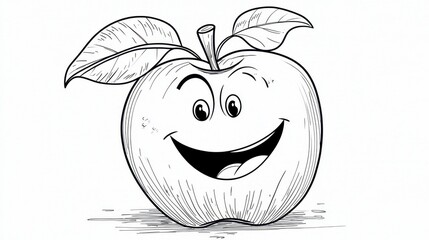 Happy Cartoon Apple with Smiling Face and Green Leaves Illustration