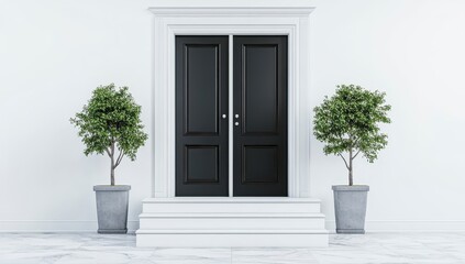 Fototapeta premium Elegant entrance with double black doors and potted greenery