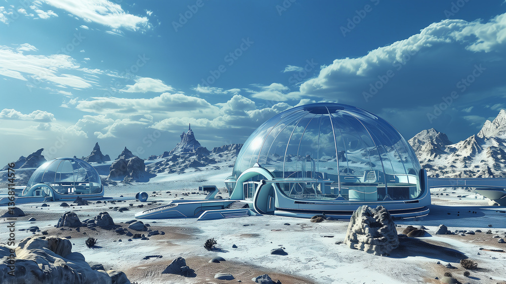 Poster this glass domes for asteroid excavation and regolith extraction are built in a rugged landscape.