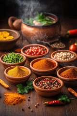 Vibrant assortment of spices displayed on a wooden table with steaming pot in background