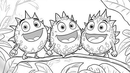 Fototapeta premium Cute Cartoon Creatures Smiling in Nature Background for Kids' Art