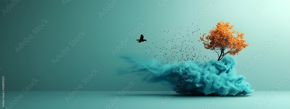 Poster ethereal azure energy flows through a dynamic abstract composition of precise geometric forms accent