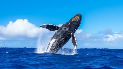 Fototapeta premium Humpback Whale Breaching in a Blue Ocean under a Sunny Sky