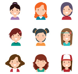 Vector icon set of girls icons on a white background