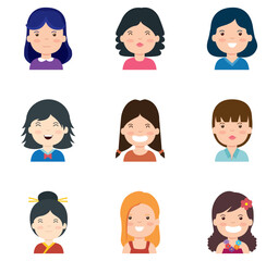 Vector icon set of girls icons on a white background