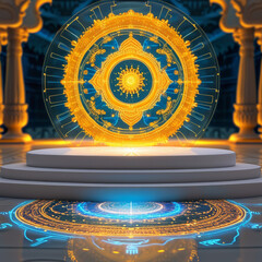Obraz premium Diwali product display podium background, Cyber Lakshmi Blessing, sleek, white, Goddess Lakshmi, golden energy, traditional Indian motifs, blending spirituality, ad, podium platform