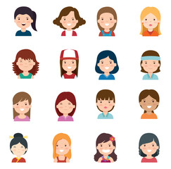 Vector icon set of girls icons on a white background