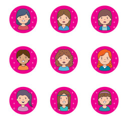 Set of vector icons of girls with a purple background inside a circle