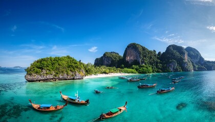 Obraz premium koh phi phi serenity tranquil thai beaches traditional long tail boats vibrant blue waters lush green hills peaceful tropical escape