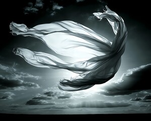 A flowing cloth suspended in the cloudy sky with sunlight