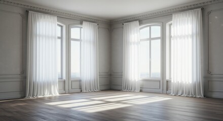 Fototapeta premium Sunlit Room Elegant Sheer Curtains Hardwood Floor. AI Generated