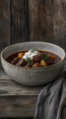 Rustic hot stew with tender meat and potatoes garnished with sour cream