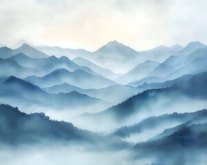 Misty Blue Mountain Ridges in Atmospheric Watercolor Landscape Art
