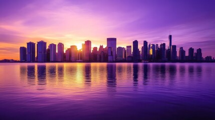 Obraz premium Cityscape sunset reflection, urban waterfront panorama