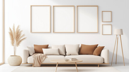 Cozy Living Room: A modern, minimalist living room interior, designed for a welcoming and comfortable feel, featuring an array of empty frames ideal for personal artwork or images.