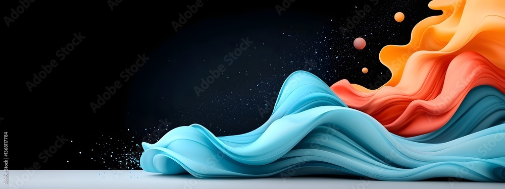 Poster glowing digital waves flowing and cascading across a stark black and white backdrop representing the