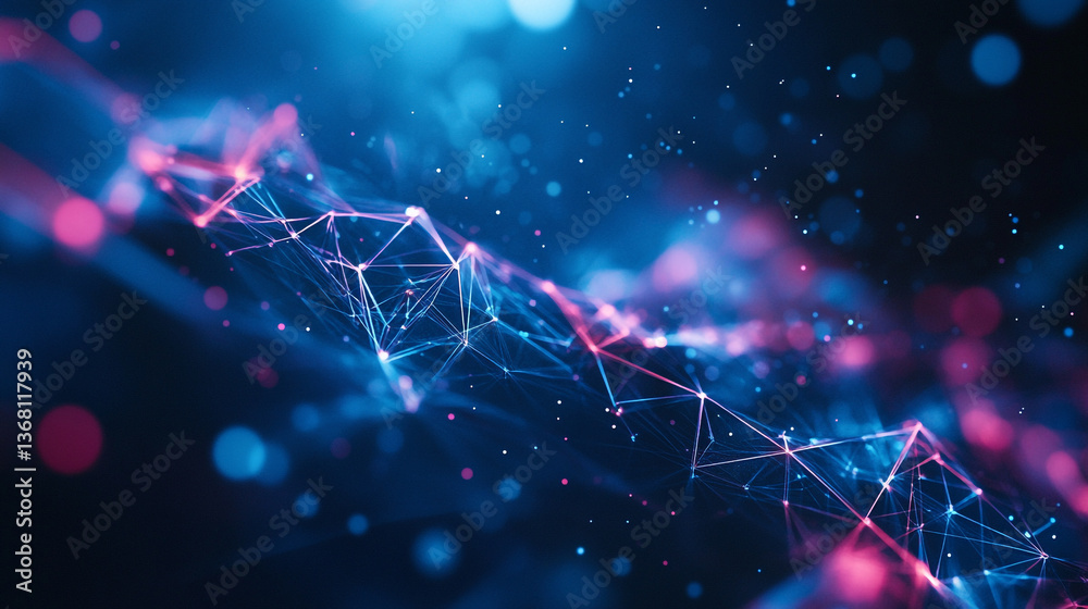 Poster abstract network of connected lines and dots with blue and pink lights in the background
