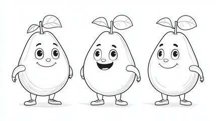 Obraz premium Playful Cartoon Pear Character Trio with Smiling Faces and Leaves