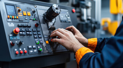 Hands operating a complex machine control panel in a factory setting.
