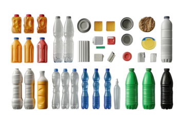 A stark collection of discarded plastic bottles, cans, and containers, representing the urgent need for recycling and waste reduction against a clean white background.