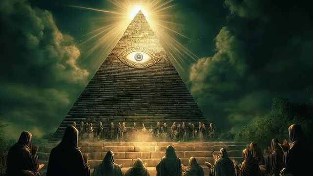 Illuminati meeting at pyramid with all seeing eye symbol under bright sunlight and cloudy sky, secret society gathering