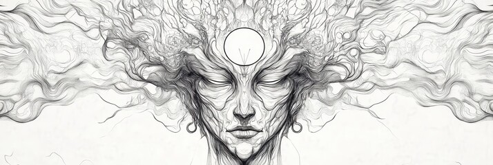 Fototapeta premium Ethereal face drawing with flowing hair and energy.