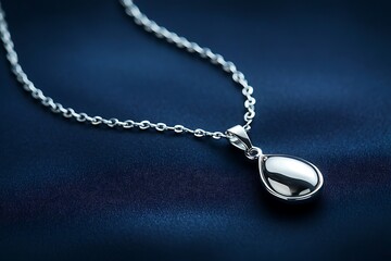Elegant Silver Pendant Necklace on Dark Blue Fabric. A close-up image showcasing the detail of a modern, minimalist silver necklace.