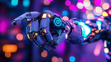 Fototapeta premium Robotic hand pointing, futuristic city lights