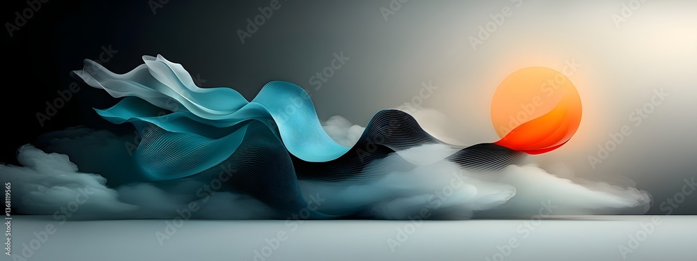 Poster hypnotic azure digital waveforms coursing through a stark black and white realm ethereal data visual