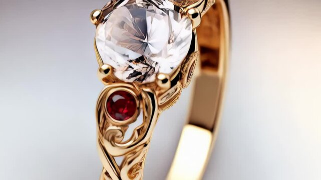 Close-up of an ornate gold ring with large diamond, smaller red stones, and decorative scrollwork on a white background
