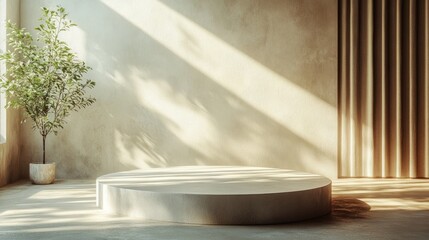 Podium in a quiet room with sunlight pouring in, simple and serene design, soft shadows
