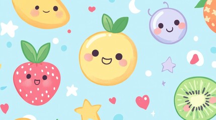 Cute Cartoon Fruit Characters with Happy Faces on Blue Background