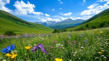 Fototapeta premium Vibrant Wildflower Meadow and Majestic Mountain Range Under a Sunny Sky