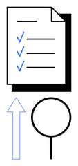 Document with checkmarks, magnifying glass, and upward arrow. Ideal for productivity, evaluation, search, success, goal setting, organization analysis flat simple metaphor