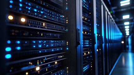 Naklejka premium Close-up of a futuristic data center with glowing blue and amber LED lights on sleek black server racks, ideal for IT service ads, digital infrastructure, or tech presentations