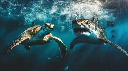 A sea turtle escaping from a tiger shark, a tense moment captured underwater.