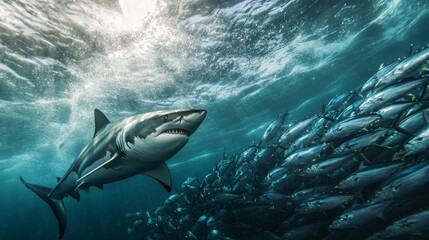 A shark chasing a school of tuna, creating a thrilling motion effect. 