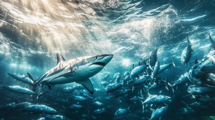 A shark chasing a school of tuna, creating a thrilling motion effect. 