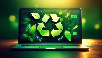 a laptop screen shows a green recycling symbol generative ai