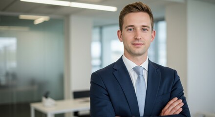 A man in a suit smiles confidently in a bright office setting with modern furniture and large windows nearby