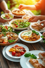 Delicious outdoor feast featuring a variety of dishes enjoyed among friends at sunset