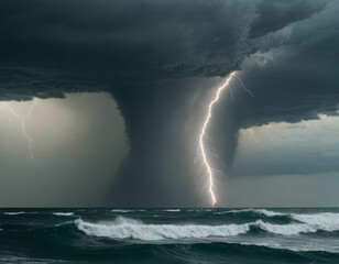 Captivating 3D animation showcases a powerful storm with swirling clouds and striking lightning over turbulent ocean waters Generative AI