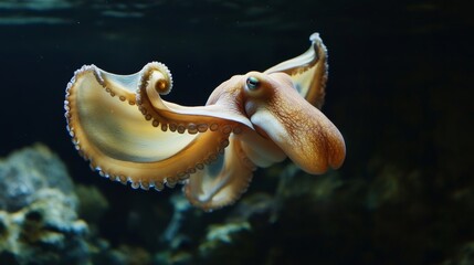 Dumbo octopus floating mid-water, its unique flappy fins resembling elephant ears. 