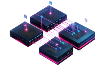 A vibrant network of interconnected data nodes humming with energy, pulsating with pink and blue light, showcasing seamless data flow.