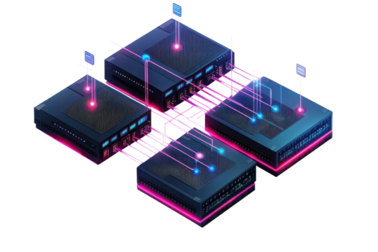 A vibrant network of interconnected data nodes humming with energy, pulsating with pink and blue light, showcasing seamless data flow.