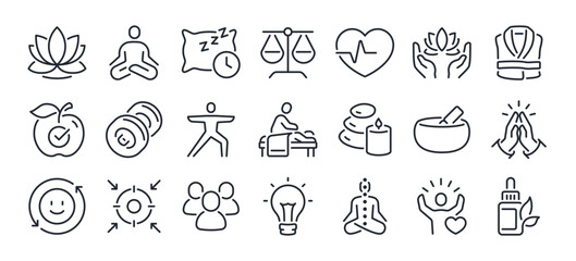 Wellness editable stroke outline icons set isolated on white background flat vector illustration. Pixel perfect. 64 x 64.
