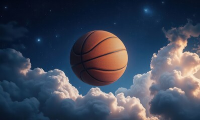 A basketball floating among dreamy clouds at night