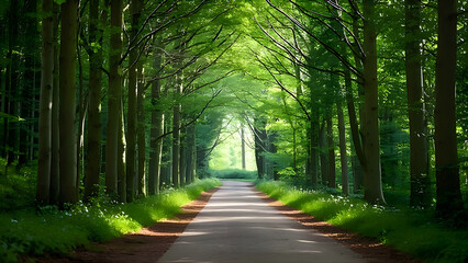 Obraz premium Walkway in a green spring beech forest in Leuven, Belgium